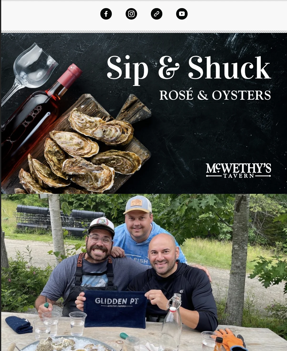 McWethy's Tavern Sip and Shuck Rosé and Oysters email campaign header
