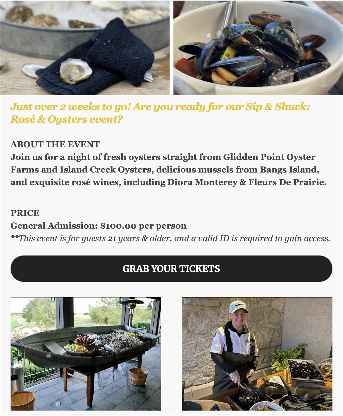 Sip and Shuck hospitality email promoting rosé and oyster event experience