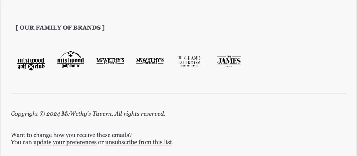 McWethy's Tavern email footer and family of hospitality brands