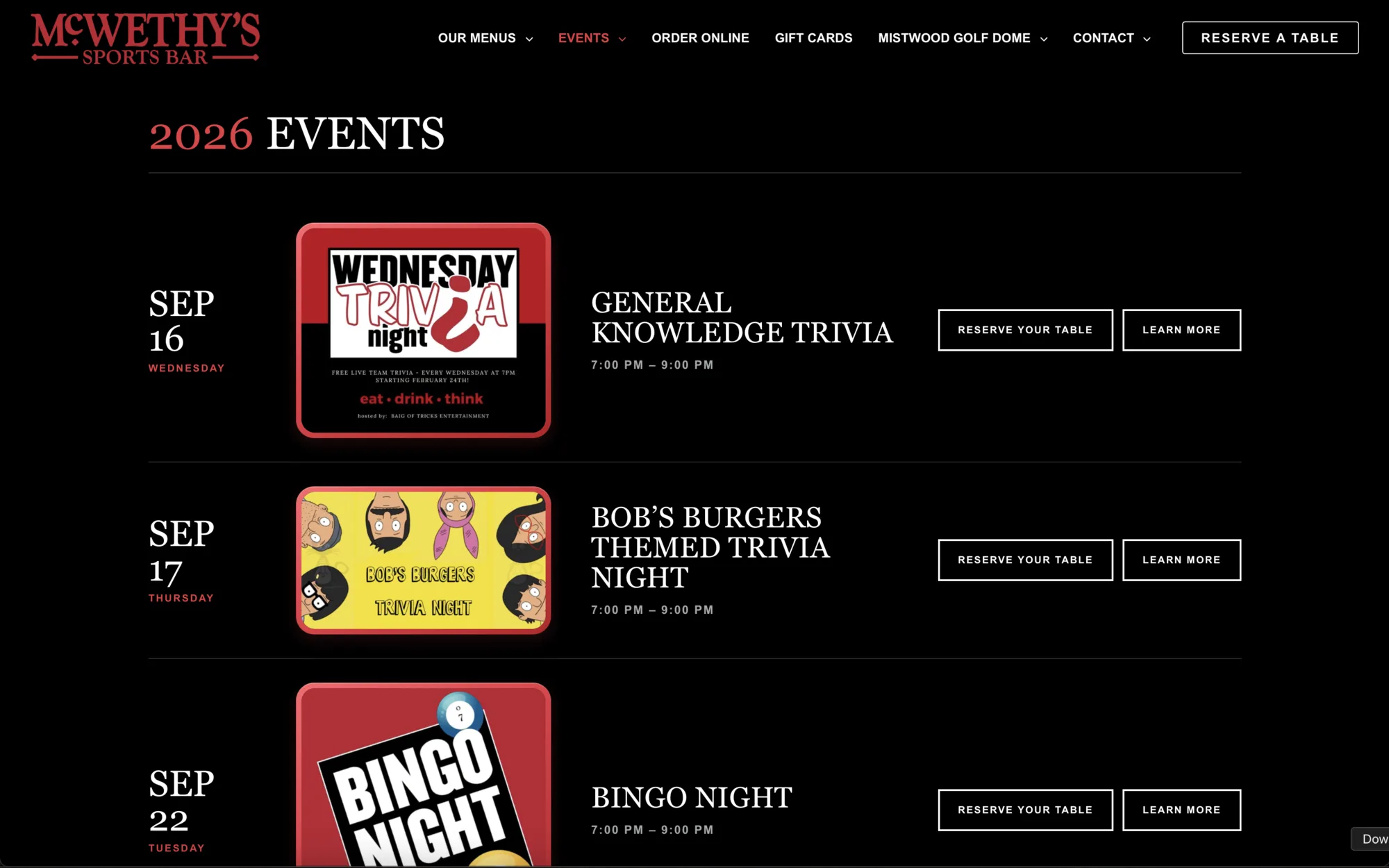 McWethy's Sports Bar Calendar website page