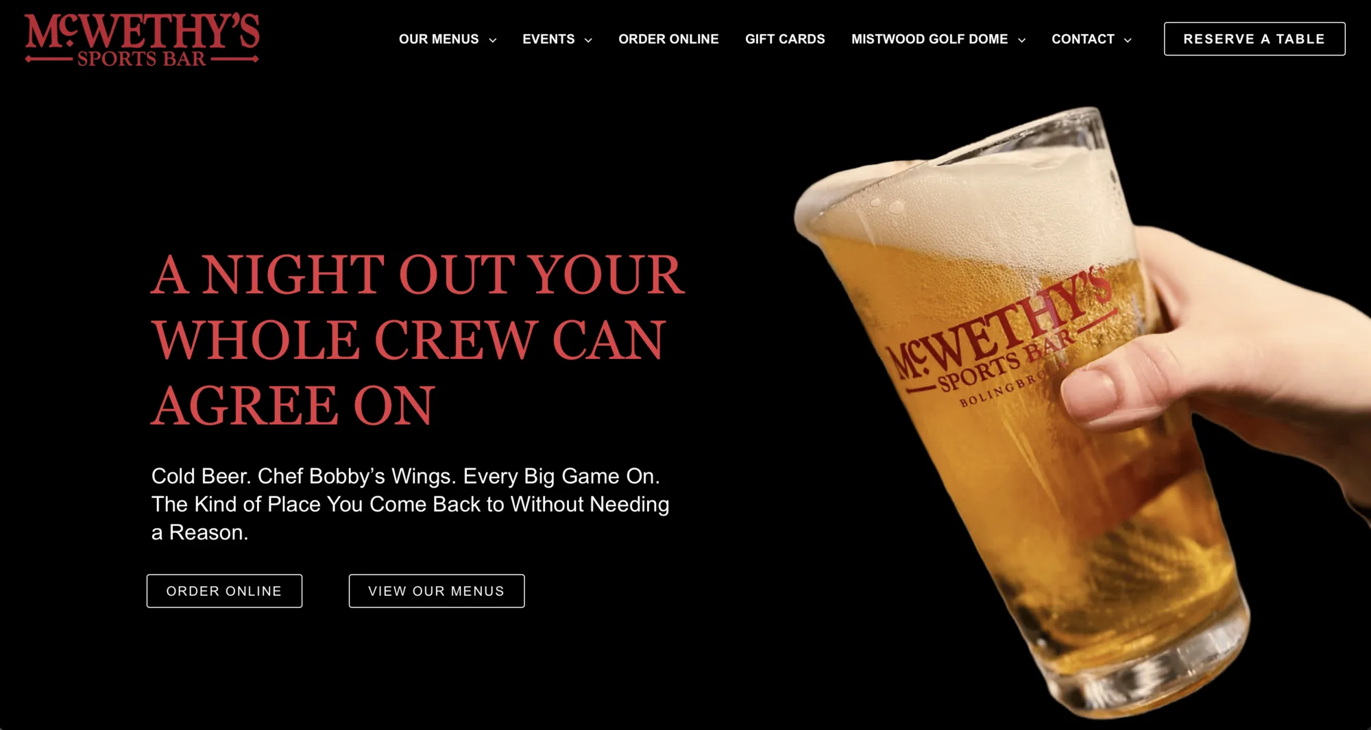 McWethy's Sports Bar website homepage preview